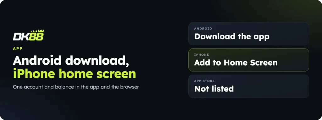 DK88 app: Android download from the lobby menu and the iPhone home-screen app