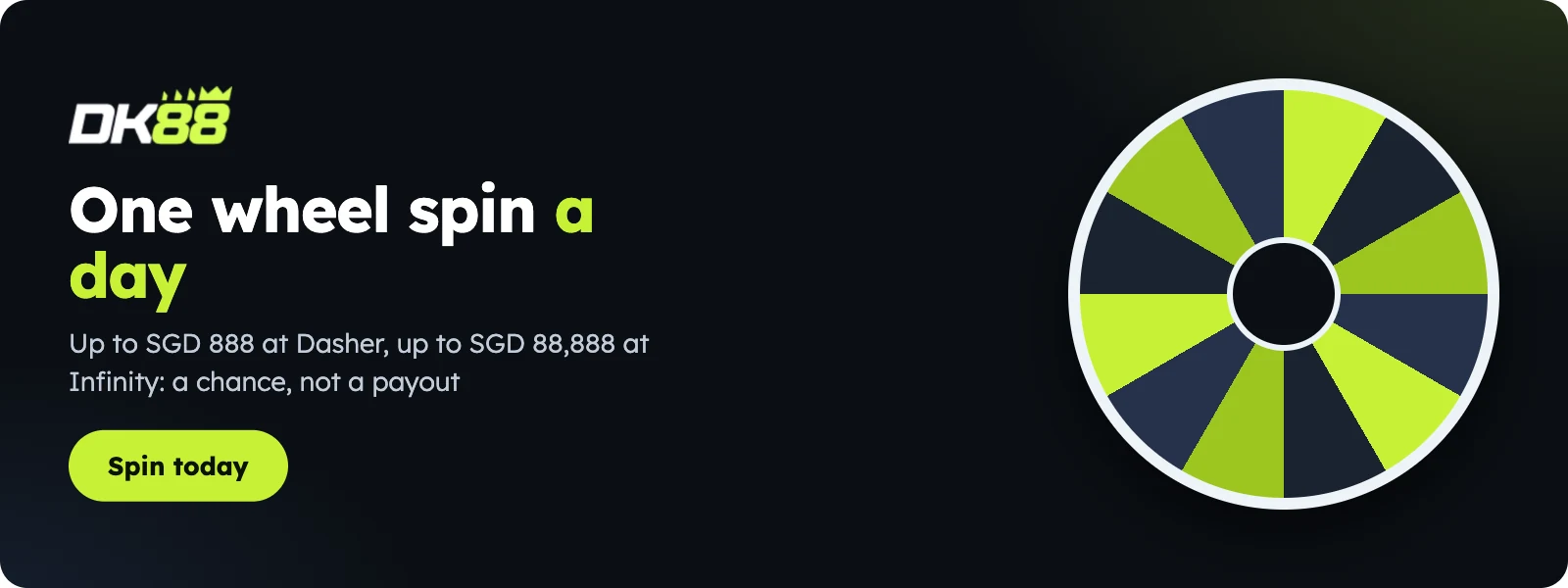 DK88 Daily Wheel of Fortune: one spin a day, up to SGD 888 at Dasher and up to SGD 88,888 at Infinity