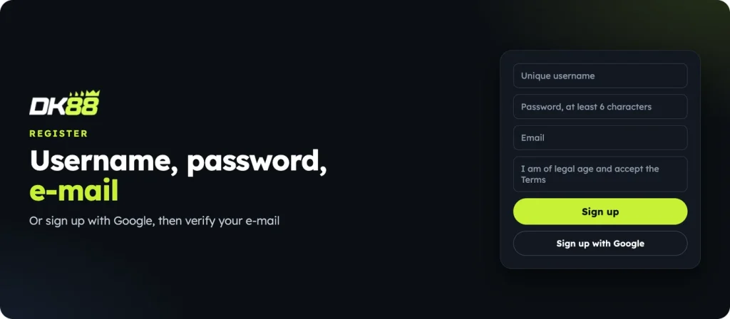 DK88 register form: unique username, password of at least 6 characters, e-mail, or Google